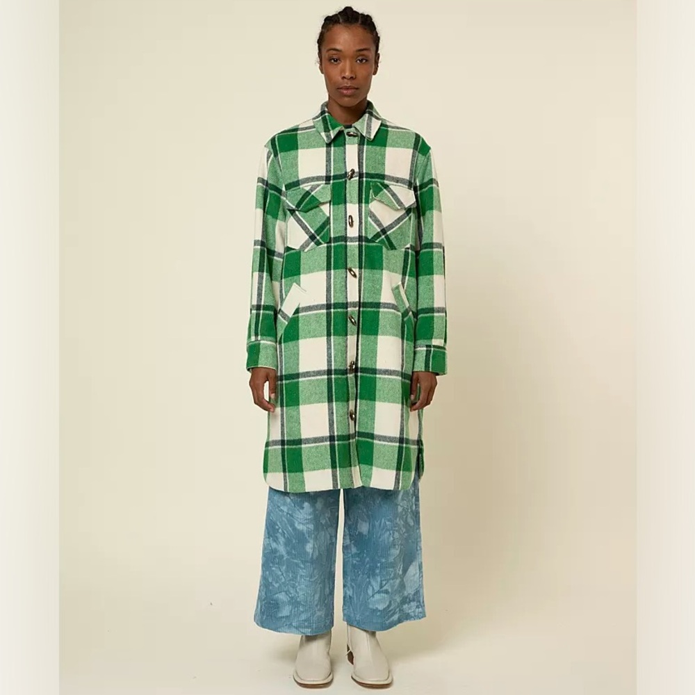 FRNCH Solar Woven Plaid Coat Green Small Grunge Lagenlook Maximalist